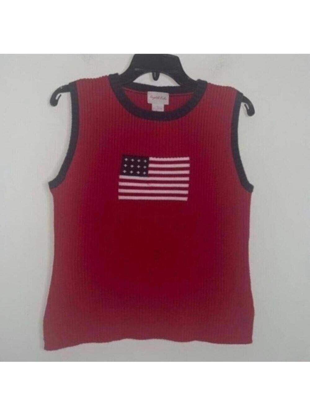💕Vintage Crystal-Kobe Red Ribbed Knit American Flag Tank Top Shirt